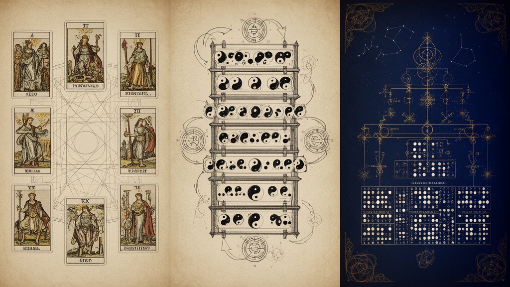 If you strip out every image from tarot, geomancy, and the I Ching and only keep the rules that generate results, you don’t just get three different oracles. You get three different ways reality is allowed to unfold.